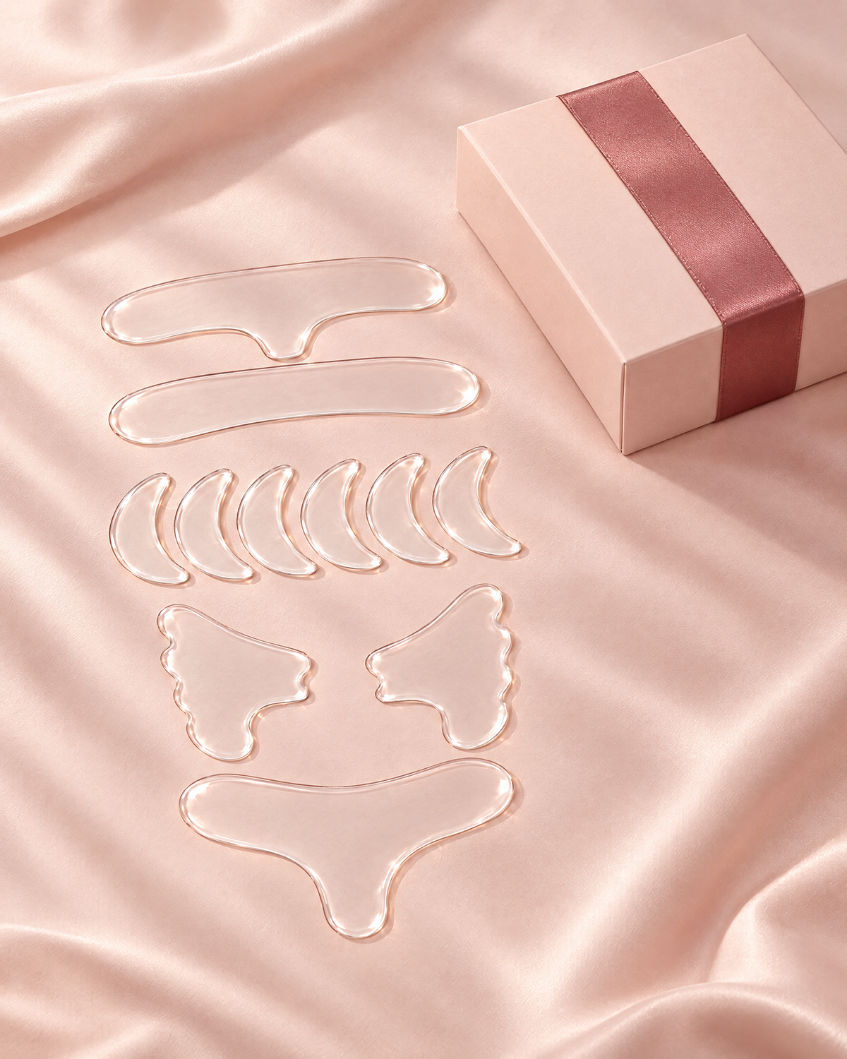 Les 11 patchs en silicone transparent et leur coffret rose